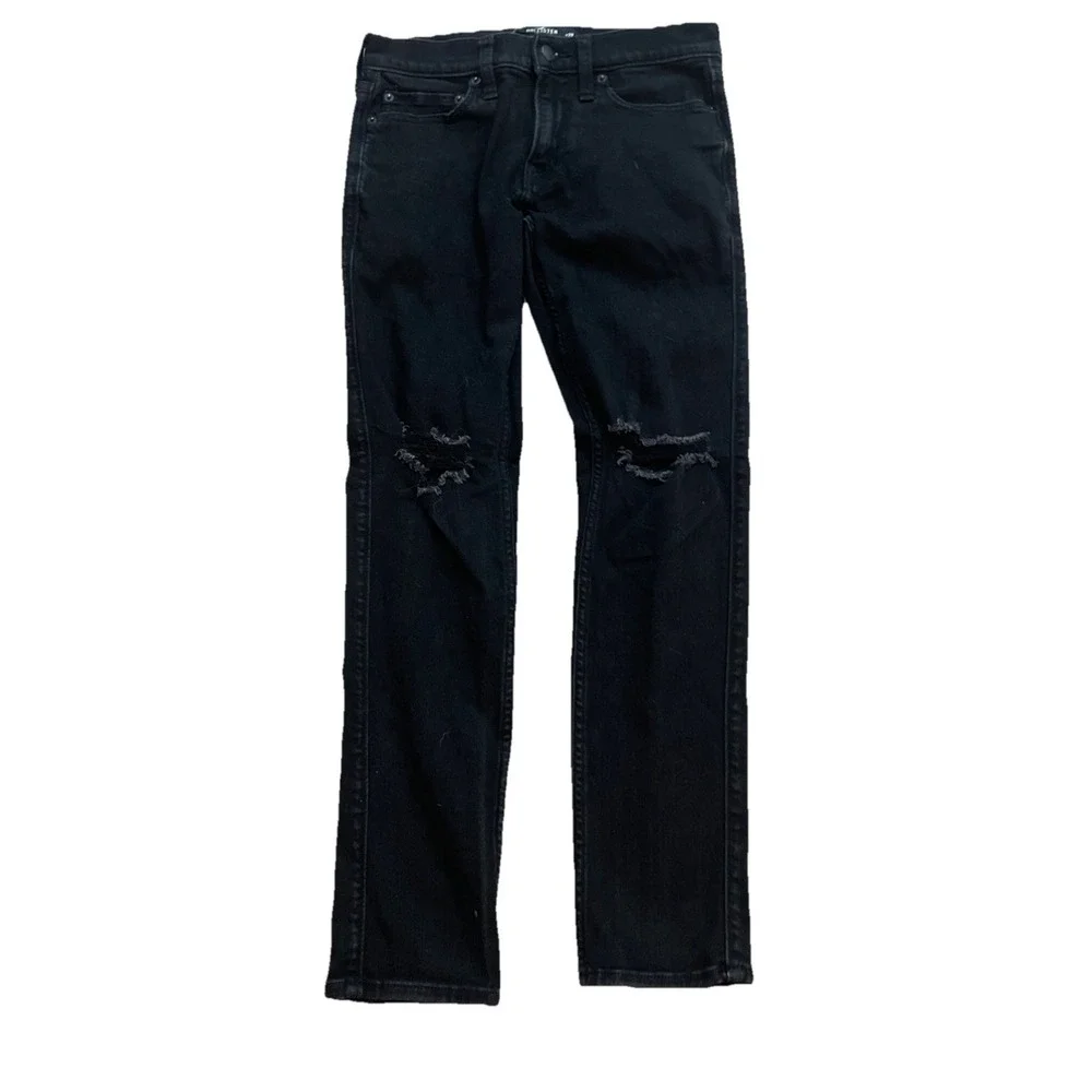 Hollister Denim Jeans Black Skinny Men's 29x30 Distressed Knee Holes Zip